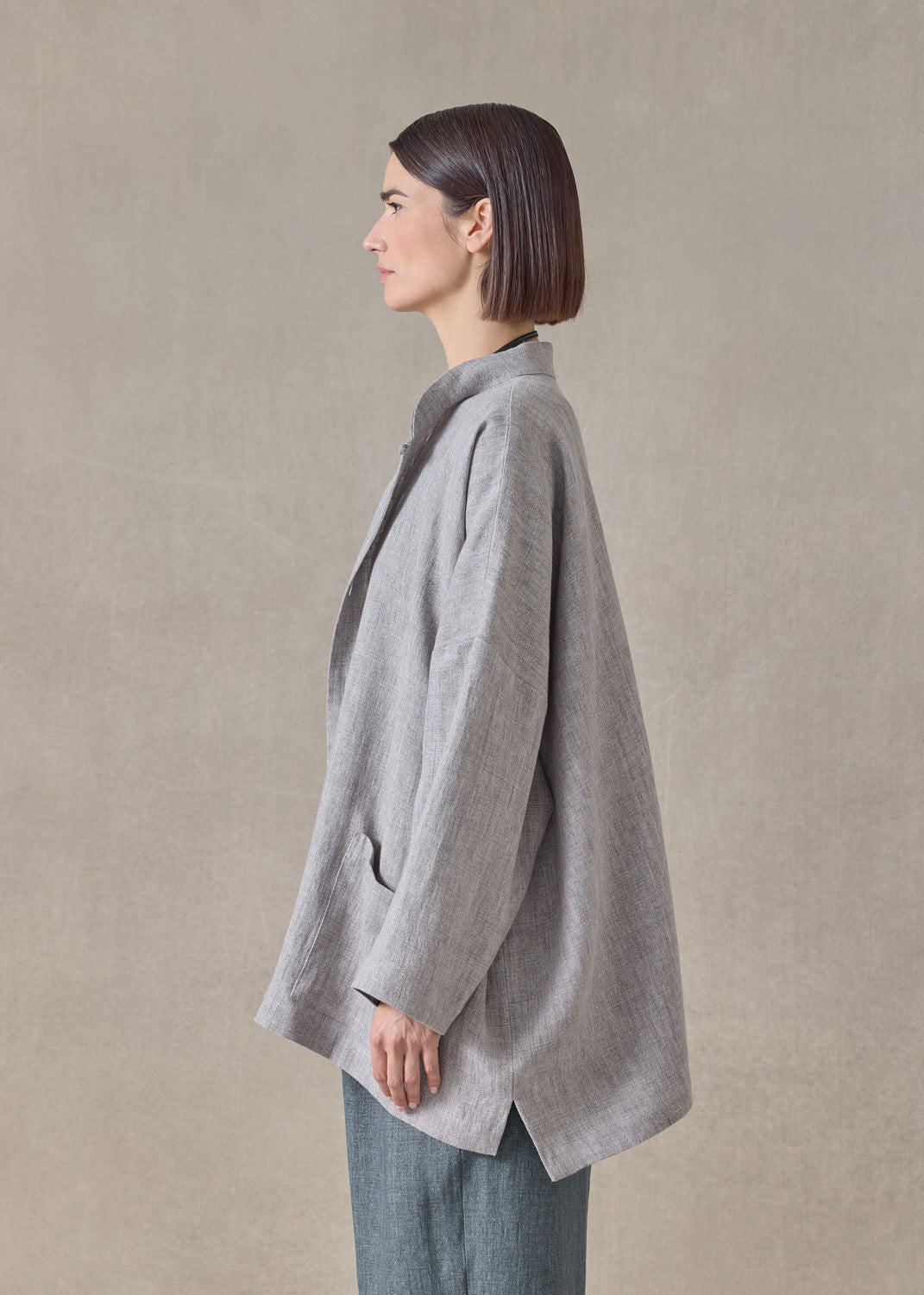 heavyweight delave linen longer back wide mandarin jacket - long (stone)