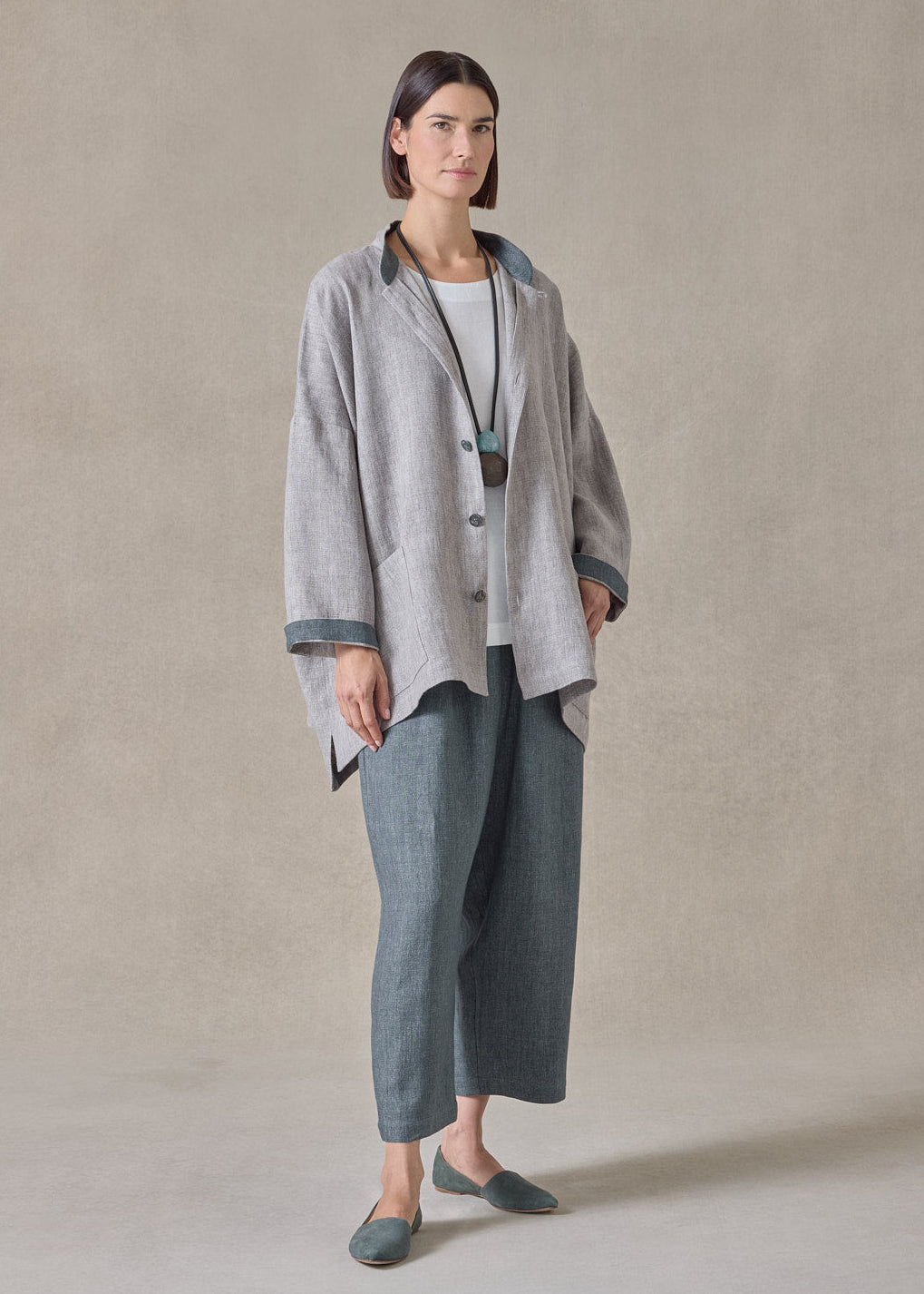 heavyweight delave linen longer back wide mandarin jacket - long (stone)