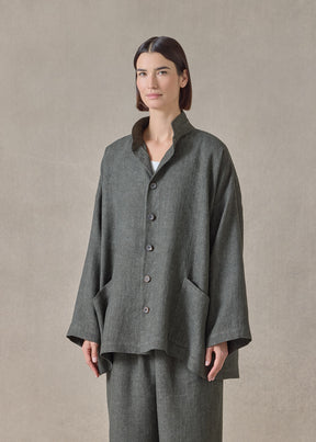 heavyweight delave linen angle to front double stand collar jacket - long (olivedark)