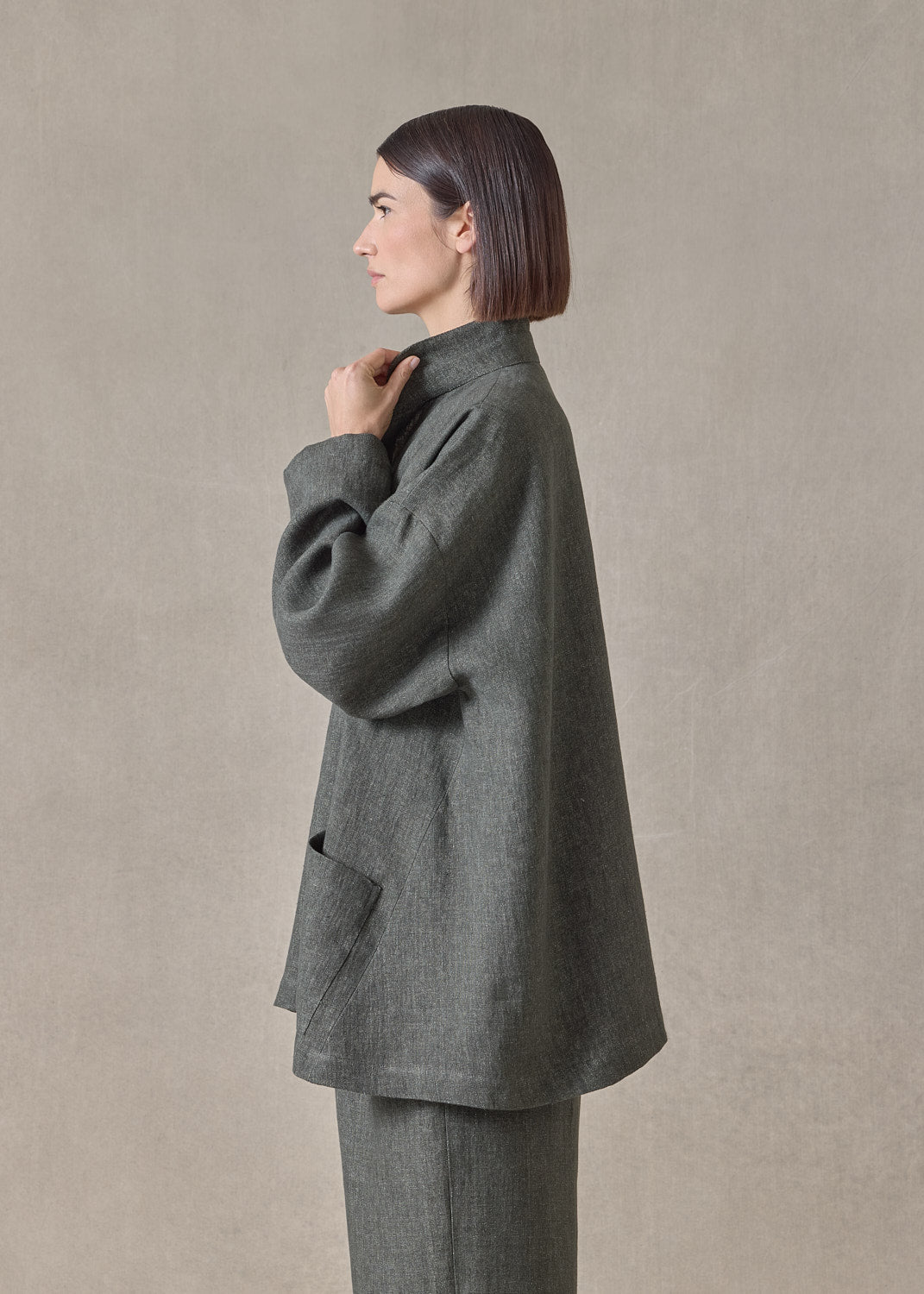 heavyweight delave linen angle to front double stand collar jacket - long (olivedark)