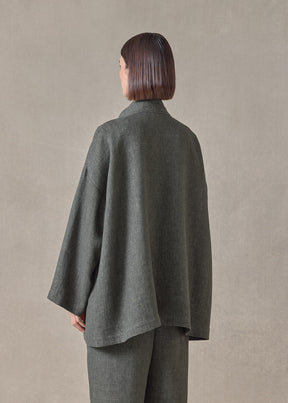 heavyweight delave linen angle to front double stand collar jacket - long (olivedark)