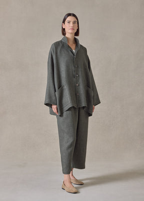 heavyweight delave linen angle to front double stand collar jacket - long (olivedark)