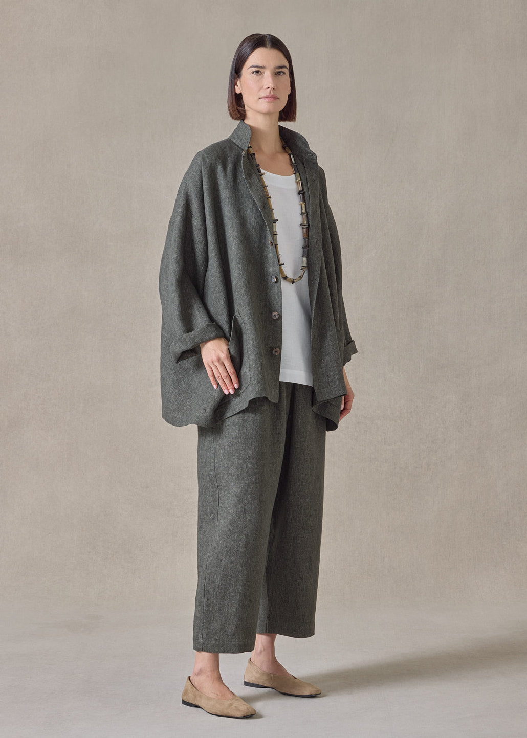 heavyweight delave linen angle to front double stand collar jacket - long (olivedark)