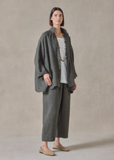 heavyweight delave linen angle to front double stand collar jacket - long (olivedark)