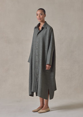 heavyweight delave linen wide a-line shirt dress with collar (olivedark)