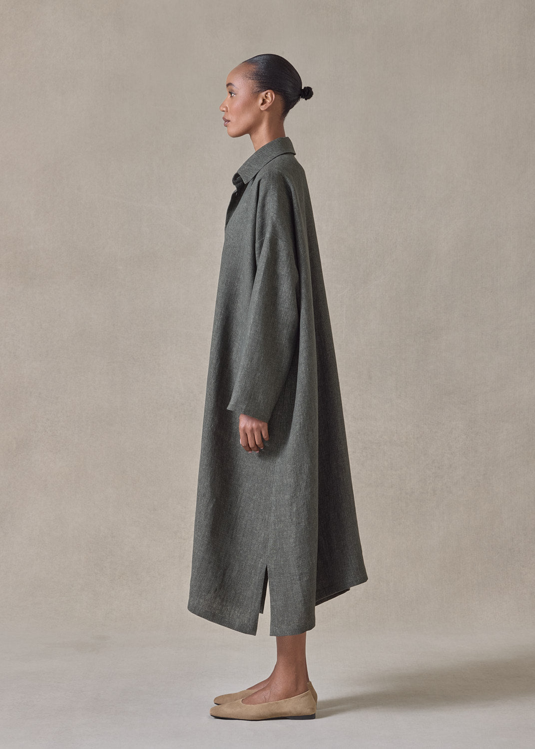 heavyweight delave linen wide a-line shirt dress with collar (olivedark)