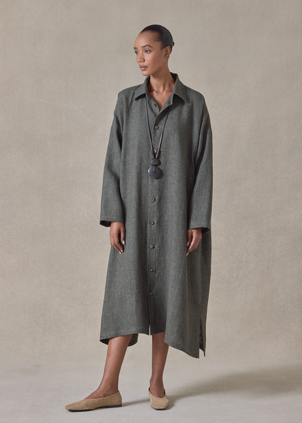 heavyweight delave linen wide a-line shirt dress with collar (olivedark)