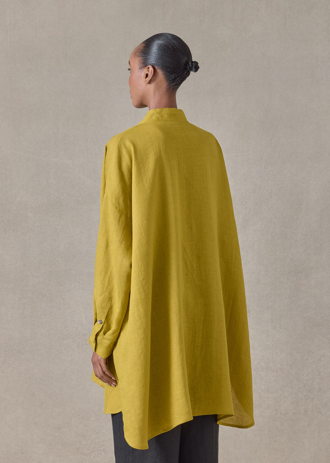 handkerchief linen wide a-line collarless classic shirt - long plus (dijon)