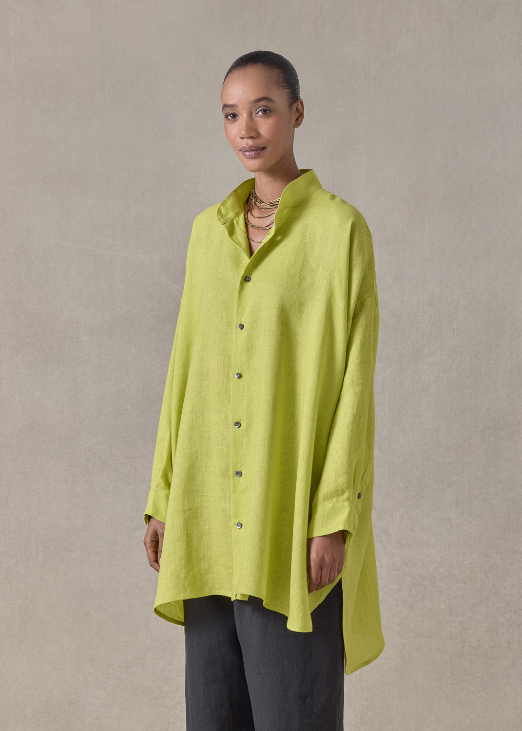 handkerchief linen wide a-line collarless classic shirt - long plus (greenlemon)