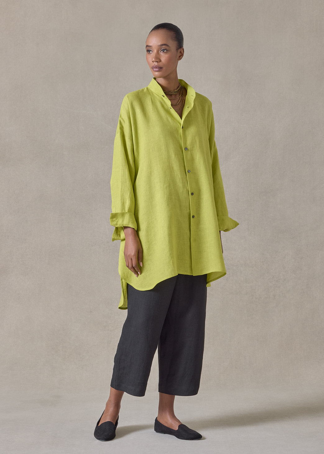 handkerchief linen wide a-line collarless classic shirt - long plus (greenlemon)