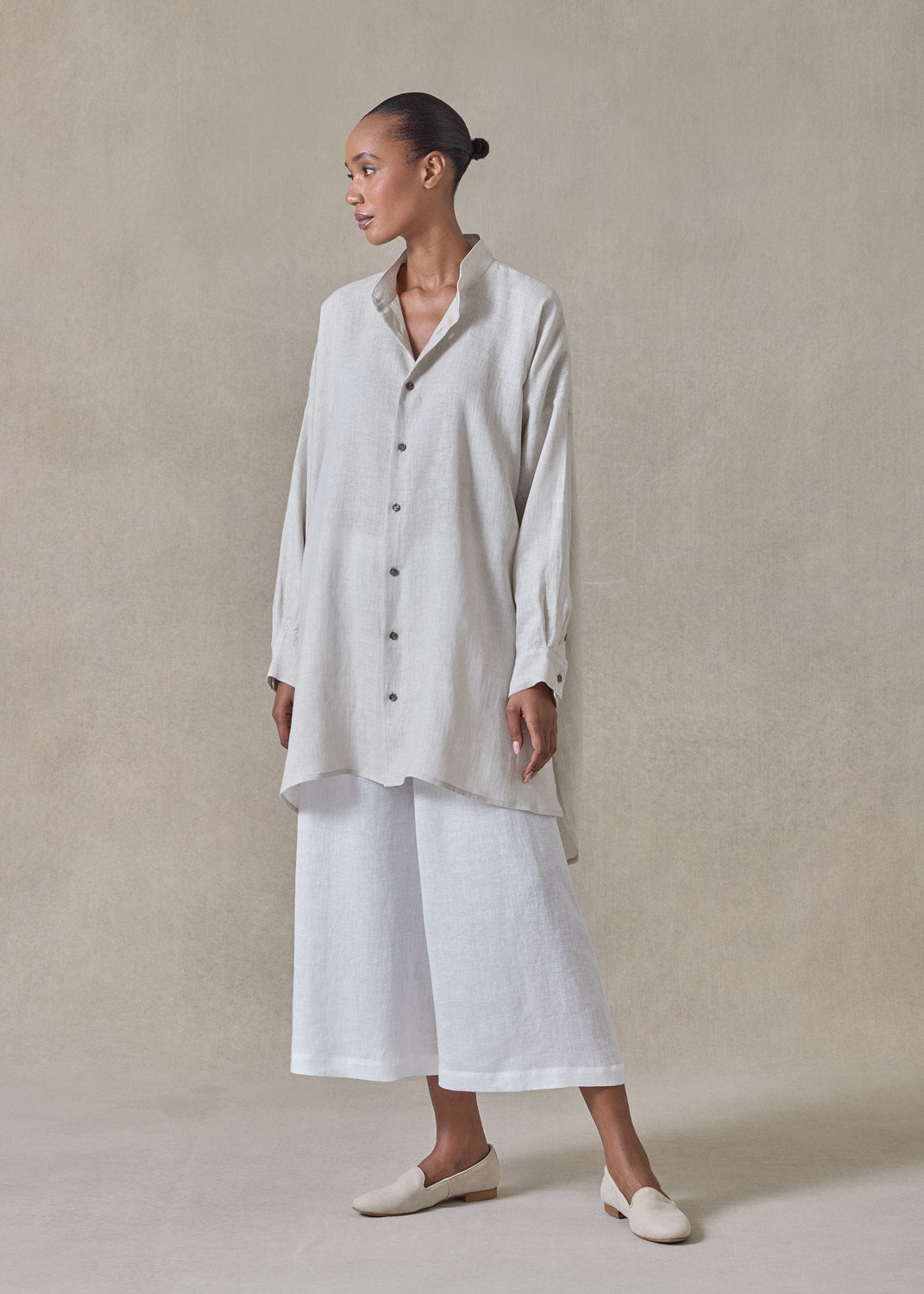 handkerchief linen wide a-line collarless classic shirt - long plus (silvertint)