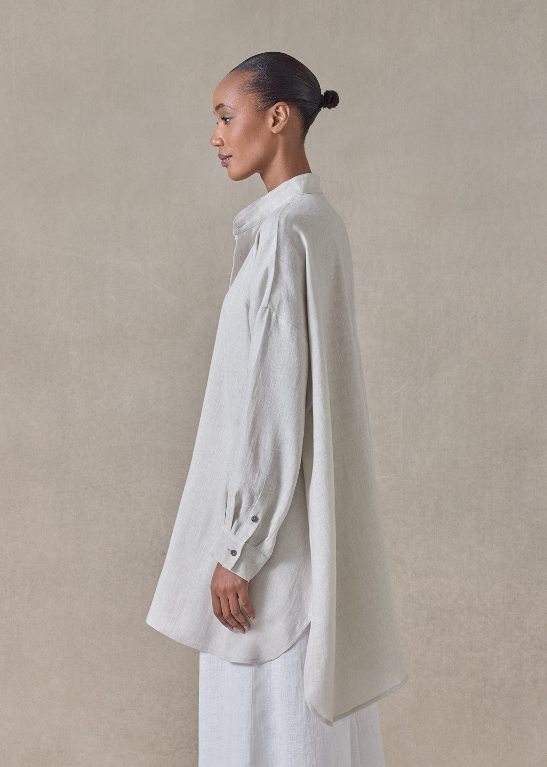 handkerchief linen wide a-line collarless classic shirt - long plus (silvertint)