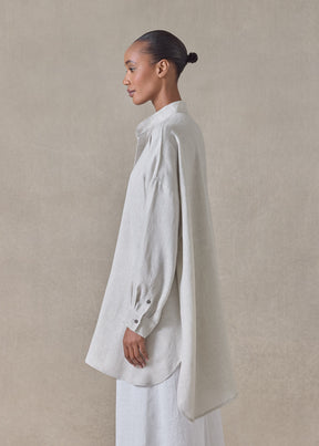 handkerchief linen wide a-line collarless classic shirt - long plus (silvertint)