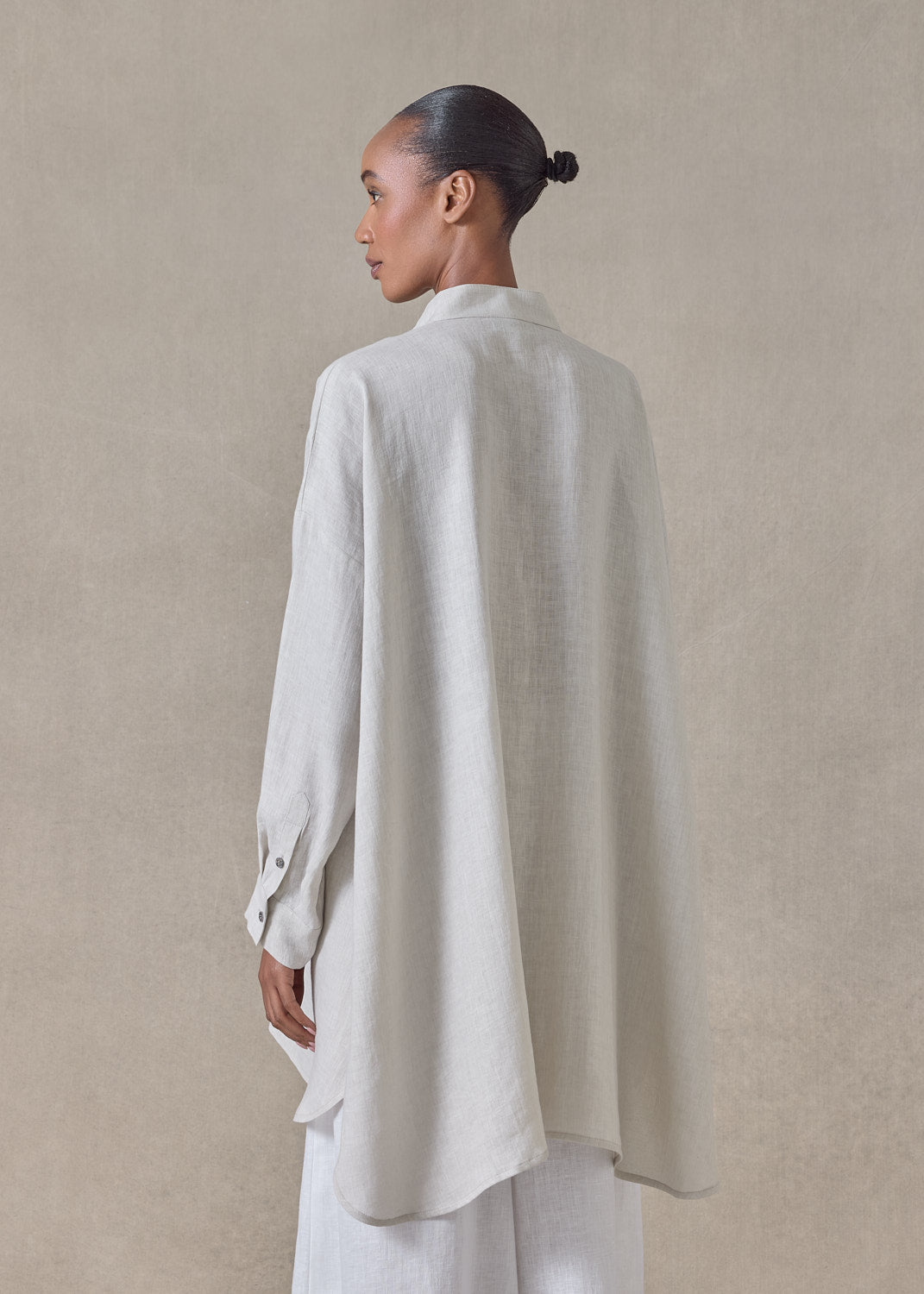 handkerchief linen wide a-line collarless classic shirt - long plus (silvertint)