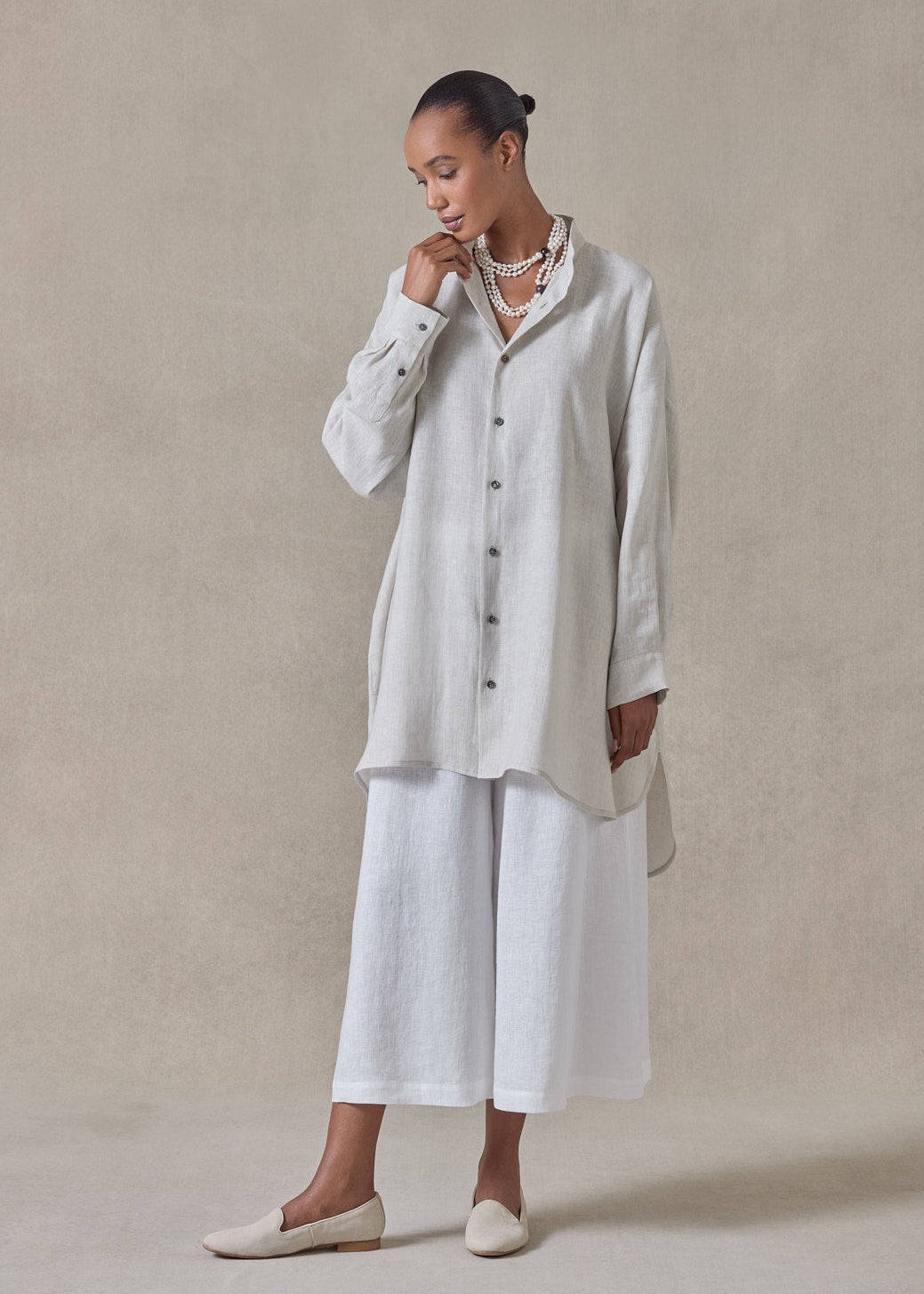 handkerchief linen wide a-line collarless classic shirt - long plus (silvertint)