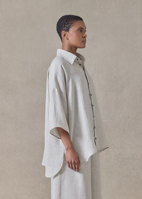 handkerchief linen sloped shoulder wide a-line short sleeve shirt with collar - mid plus (silvertint)
