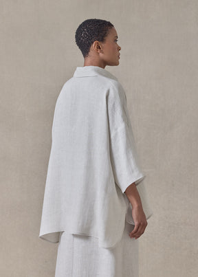 handkerchief linen sloped shoulder wide a-line short sleeve shirt with collar - mid plus (silvertint)