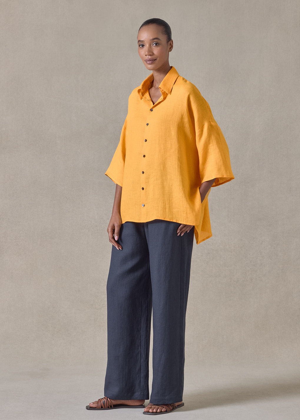 handkerchief linen sloped shoulder wide a-line short sleeve shirt with collar - mid plus (sunflower)