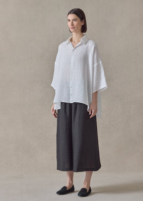 handkerchief linen sloped shoulder wide a-line short sleeve shirt with collar - mid plus (white)