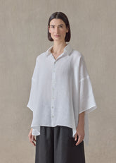 handkerchief linen sloped shoulder wide a-line short sleeve shirt with collar - mid plus (white)