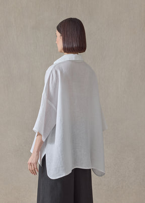 handkerchief linen sloped shoulder wide a-line short sleeve shirt with collar - mid plus (white)