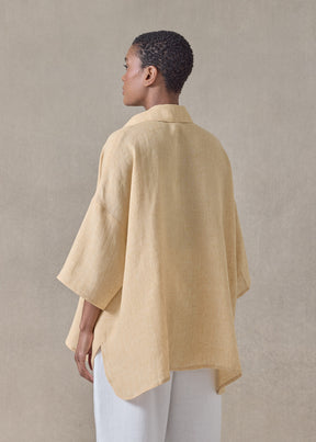handkerchief delave linen sloped shoulder wide a-line short sleeve shirt with collar - mid plus (haylight)