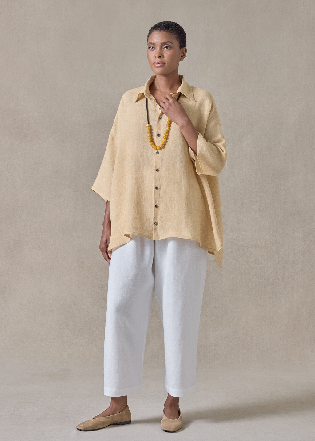 handkerchief delave linen sloped shoulder wide a-line short sleeve shirt with collar - mid plus (haylight)