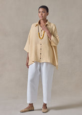 handkerchief delave linen sloped shoulder wide a-line short sleeve shirt with collar - mid plus (haylight)