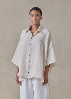 handkerchief delave linen sloped shoulder wide a-line short sleeve shirt with collar - mid plus (oatlight)