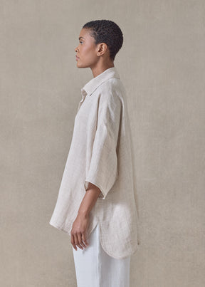handkerchief delave linen sloped shoulder wide a-line short sleeve shirt with collar - mid plus (oatlight)