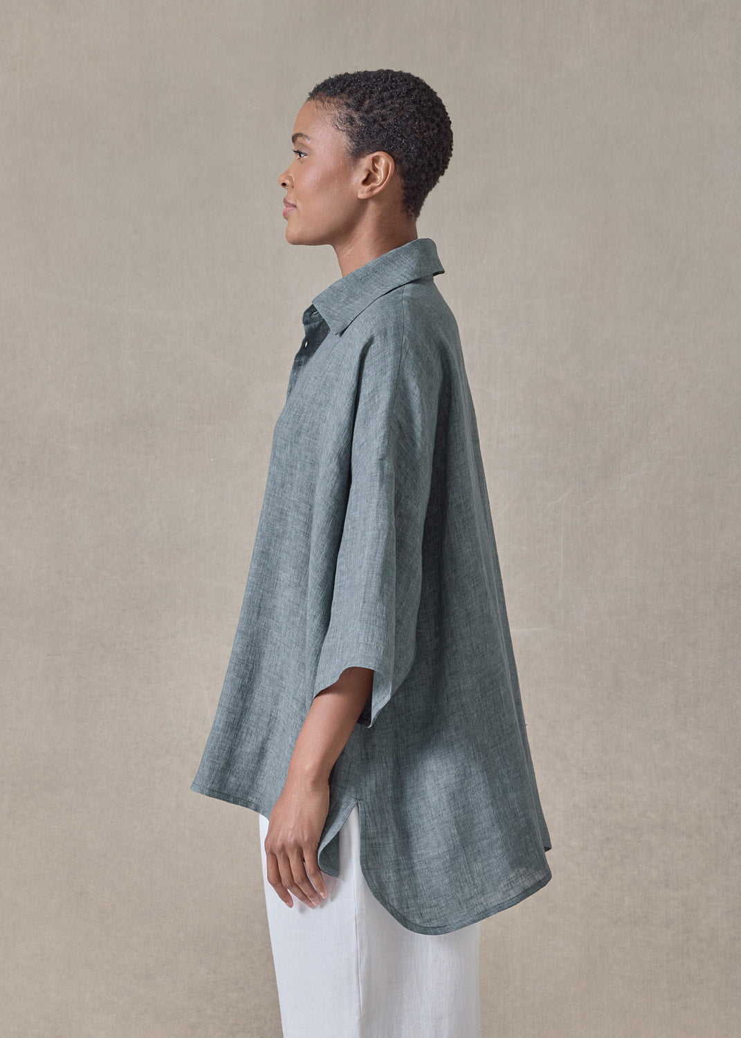 handkerchief delave linen sloped shoulder wide a-line short sleeve shirt with collar - mid plus (petrol)