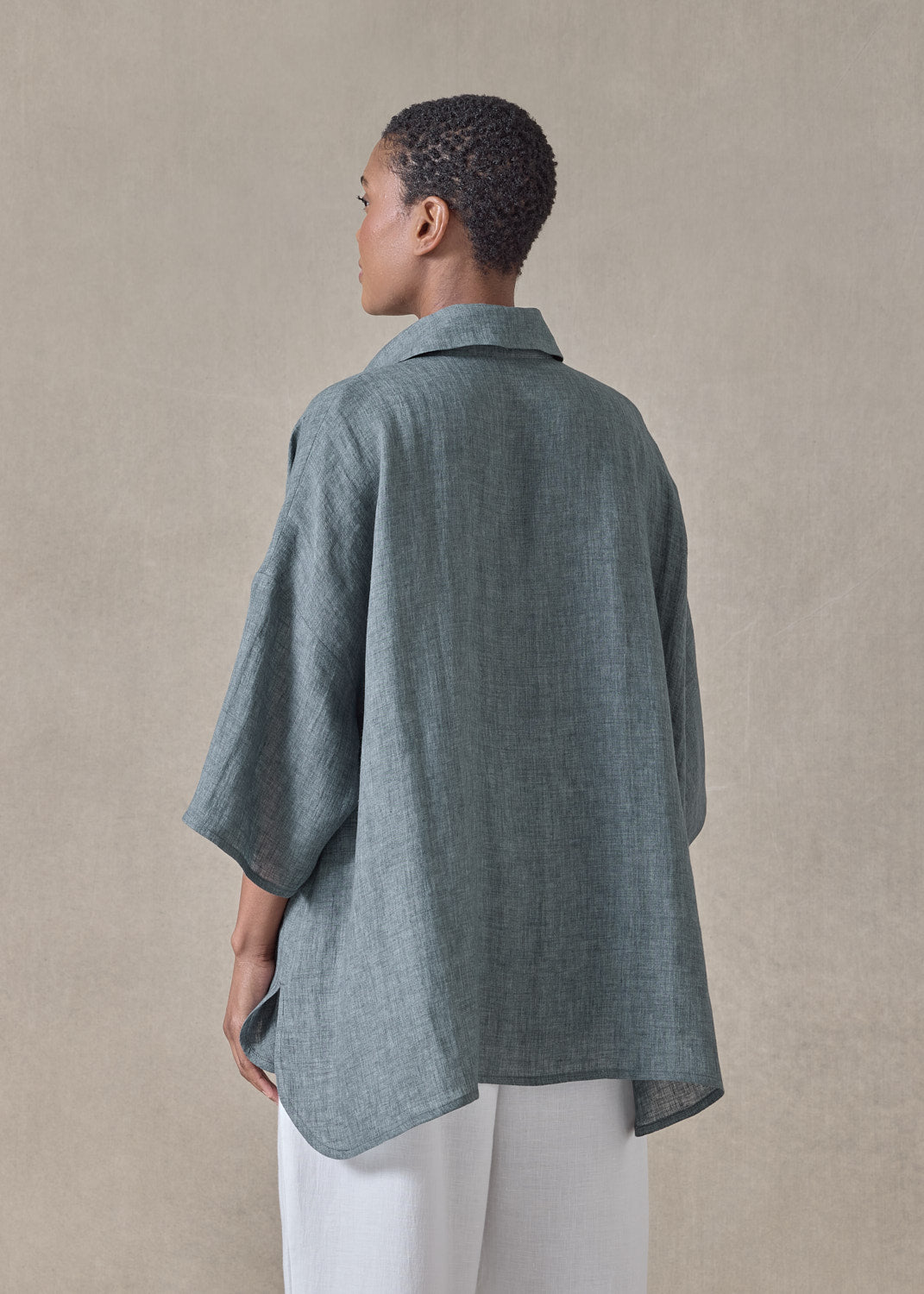 handkerchief delave linen sloped shoulder wide a-line short sleeve shirt with collar - mid plus (petrol)