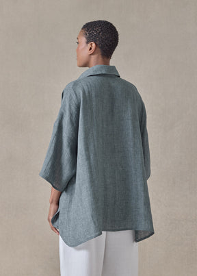 handkerchief delave linen sloped shoulder wide a-line short sleeve shirt with collar - mid plus (petrol)