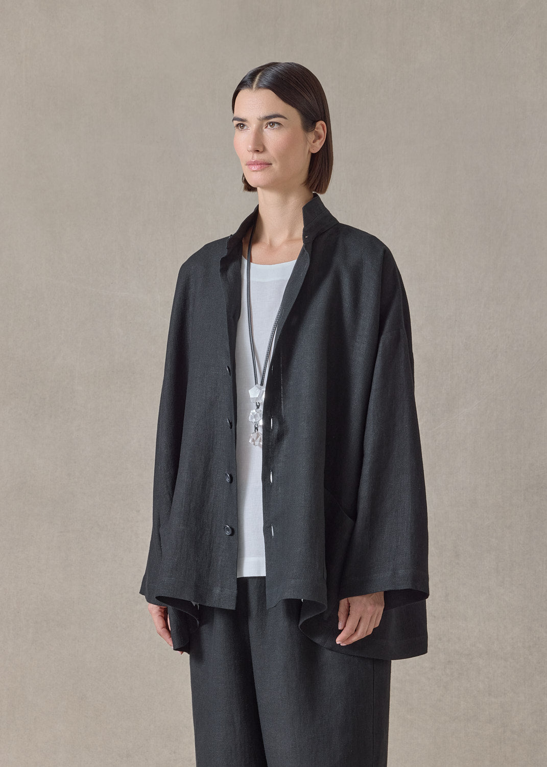 Heavyweight linen angle to front double stand collar jacket - long (black)
