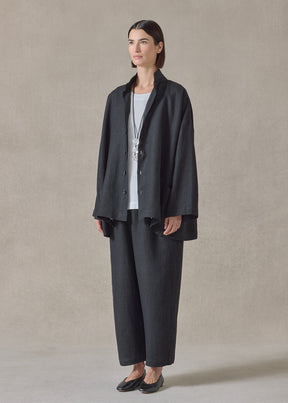 Heavyweight linen angle to front double stand collar jacket - long (black)