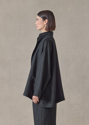 Heavyweight linen angle to front double stand collar jacket - long (black)