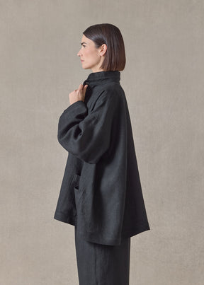 Heavyweight linen angle to front double stand collar jacket - long (black)