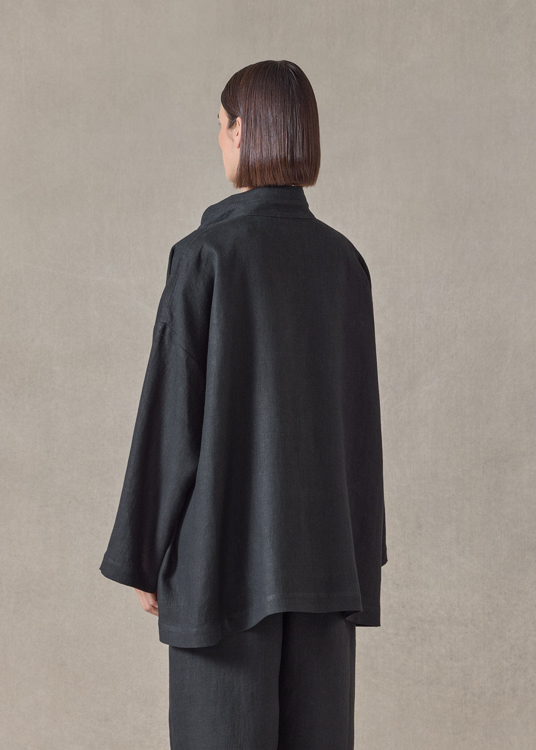 Heavyweight linen angle to front double stand collar jacket - long (black)