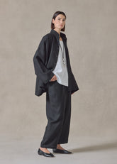 Heavyweight linen angle to front double stand collar jacket - long (black)