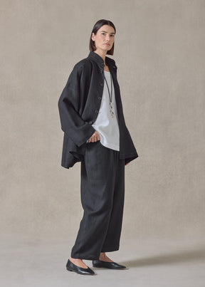 Heavyweight linen angle to front double stand collar jacket - long (black)