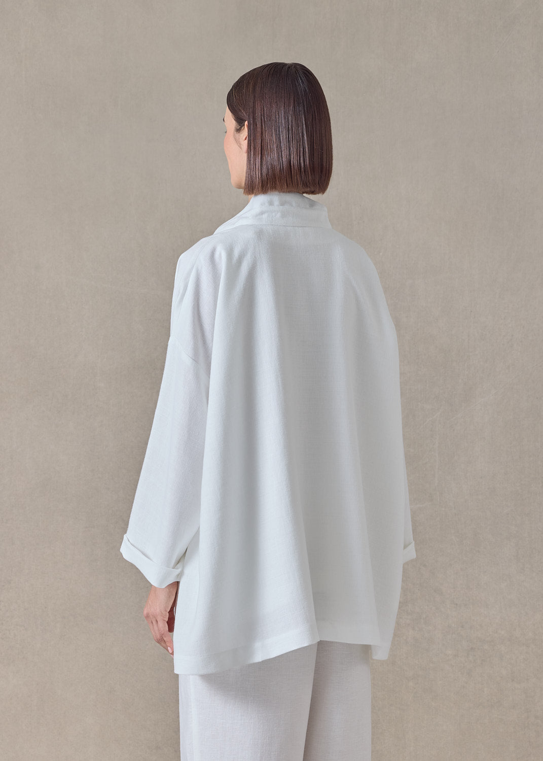 Heavyweight linen angle to front double stand collar jacket - long (white)