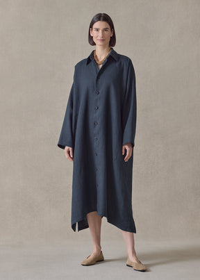heavyweight linen wide a-line back pleat shirt dress with collar (navydark)