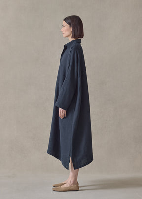 heavyweight linen wide a-line back pleat shirt dress with collar (navydark)