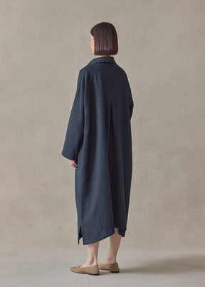 heavyweight linen wide a-line back pleat shirt dress with collar (navydark)