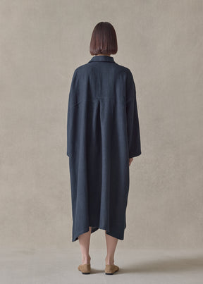 heavyweight linen wide a-line back pleat shirt dress with collar (navydark)