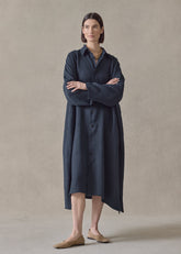 heavyweight linen wide a-line back pleat shirt dress with collar (navydark)