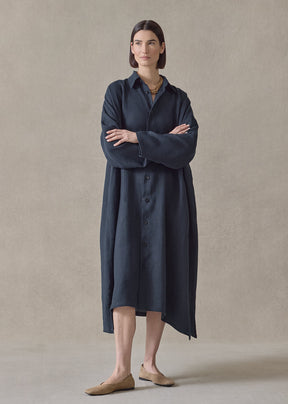 heavyweight linen wide a-line back pleat shirt dress with collar (navydark)