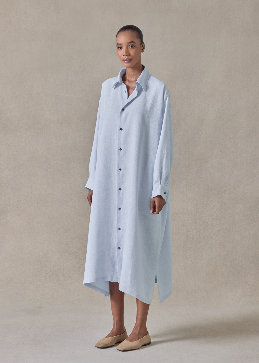 lightweight linen wide a-line shirt dress with collar (bridgertonblue)