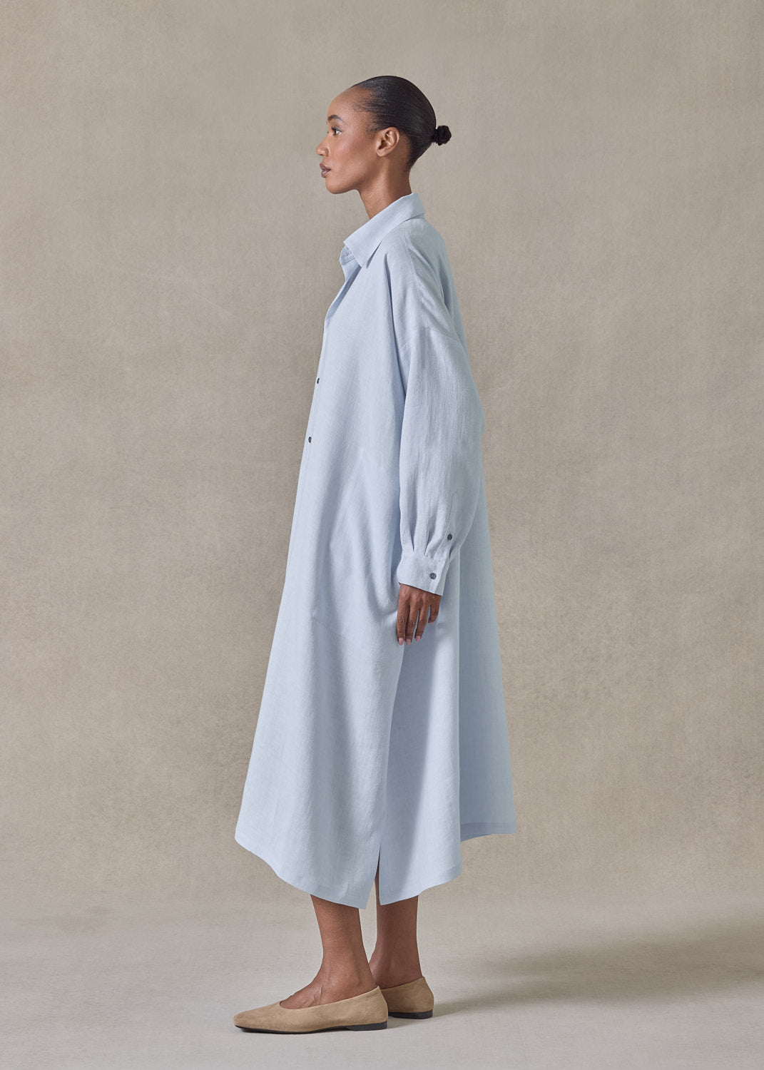 lightweight linen wide a-line shirt dress with collar (bridgertonblue)