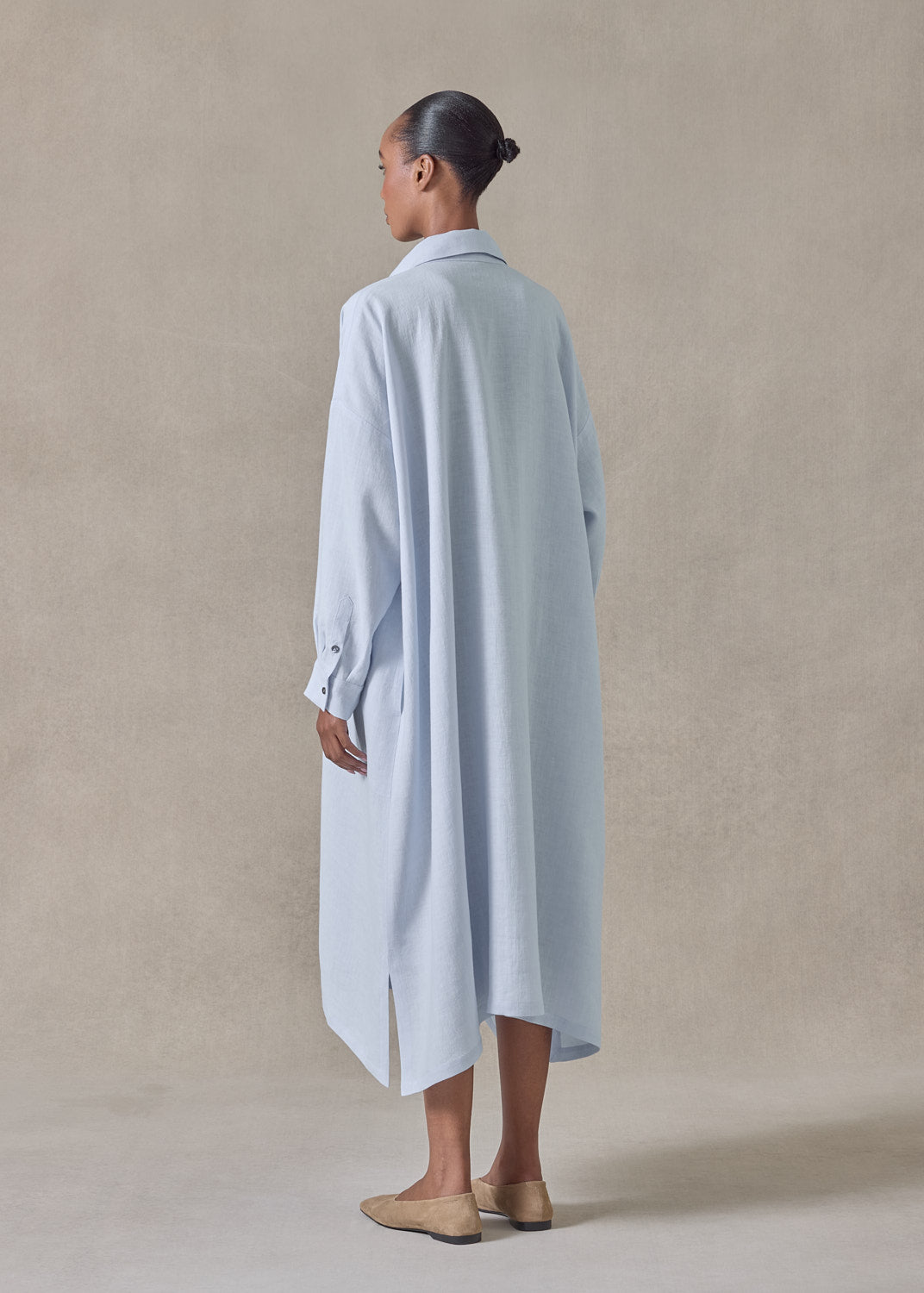 lightweight linen wide a-line shirt dress with collar (bridgertonblue)